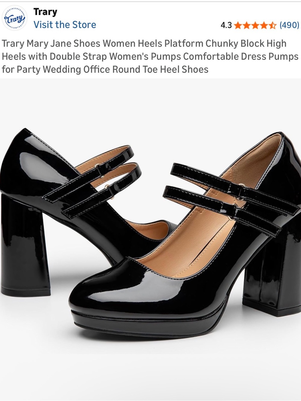 Patent Mary Jane Block Heel Pumps - Black
